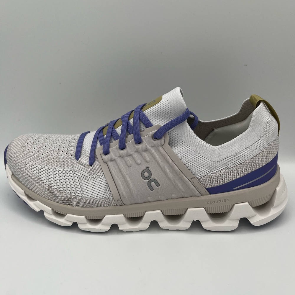 On Running Cloudwhite Knit Athletic Shoes with Purple Laces and Olive Pull Tab